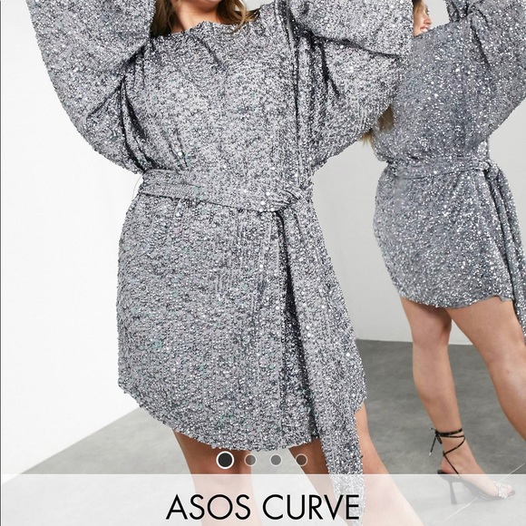 ASOS Edition Curve mixed sequins mini dress with oversized blossom sleeves - Picture 1 of 6